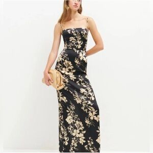 NWOT Reformation Frankie Silk Dress in Gisele Black Golden Floral Maxi